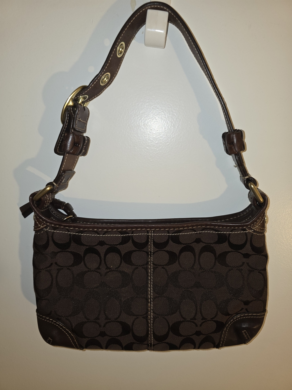 Coach Dark Brown Signature Canvas Shoulder Bag with Leather Trim - Picture 2 of 6